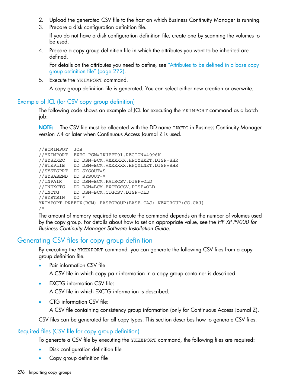 Example of jcl (for csv copy group definition), Generating csv files for copy group definition | HP XP P9500 Storage User Manual | Page 276 / 701