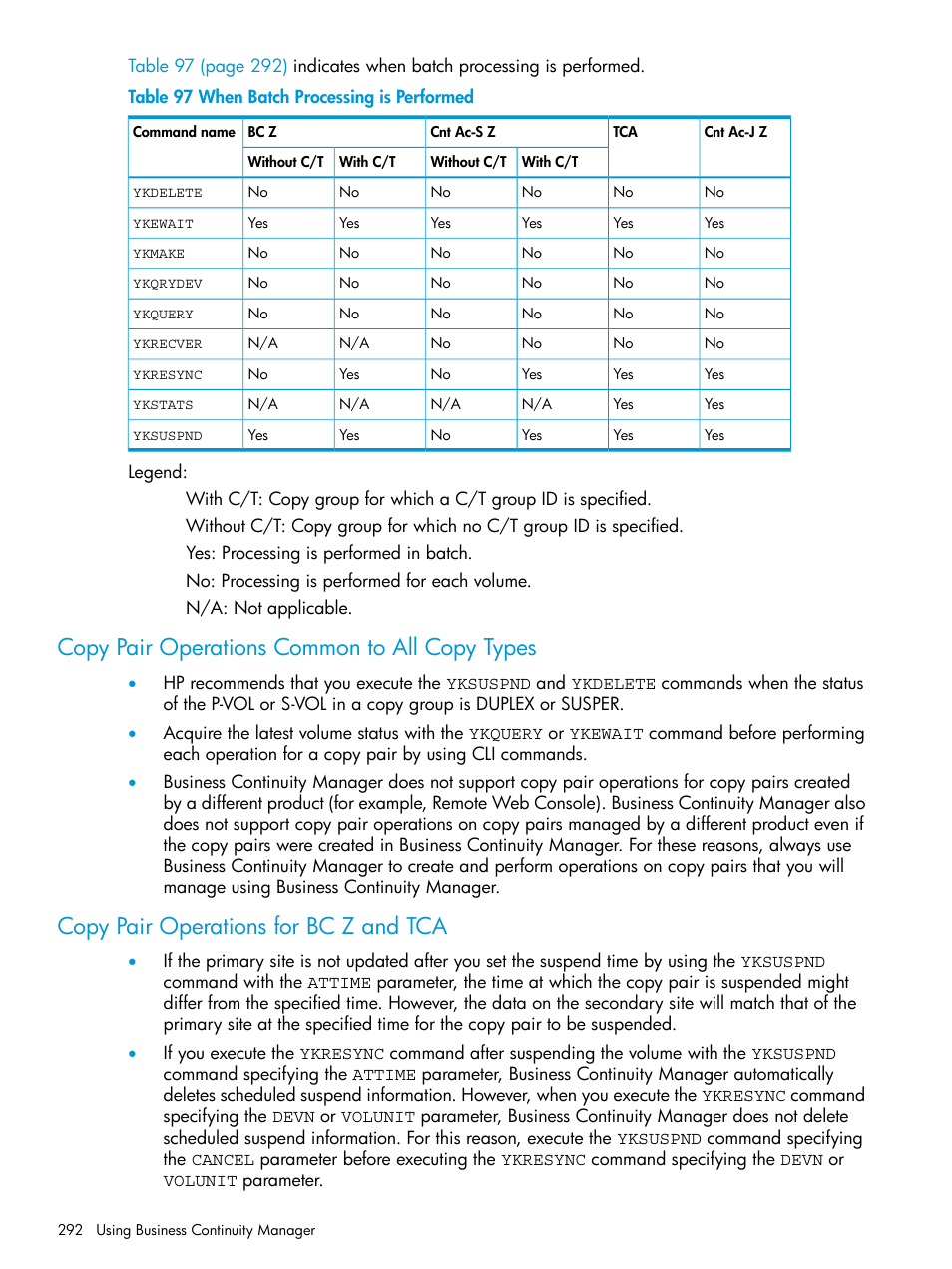 Copy pair operations common to all copy types, Copy pair operations for bc z and tca | HP XP P9500 Storage User Manual | Page 292 / 701