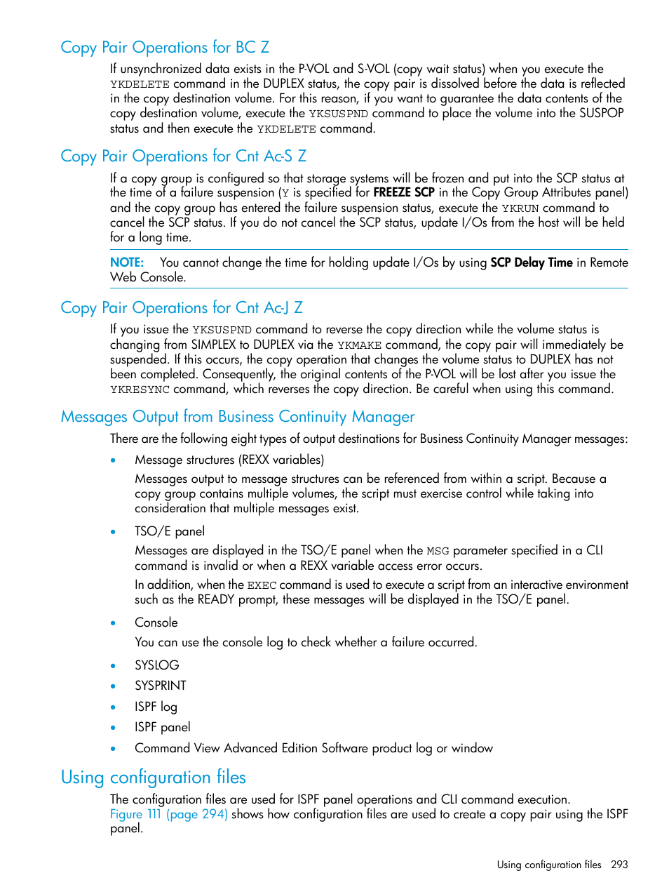 Copy pair operations for bc z, Copy pair operations for cnt ac-s z, Copy pair operations for cnt ac-j z | Messages output from business continuity manager, Using configuration files | HP XP P9500 Storage User Manual | Page 293 / 701