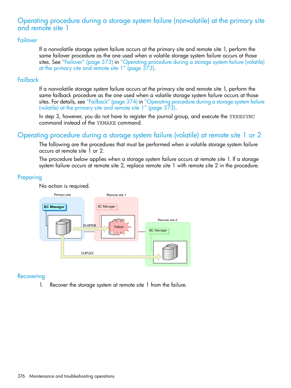 Failover, Failback, Preparing | Recovering, Failover failback, Preparing recovering, Operating procedure, During a | HP XP P9500 Storage User Manual | Page 376 / 701
