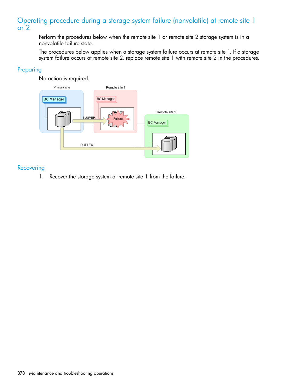 Preparing, Recovering, Preparing recovering | Operating procedure, During a, Storage system | HP XP P9500 Storage User Manual | Page 378 / 701