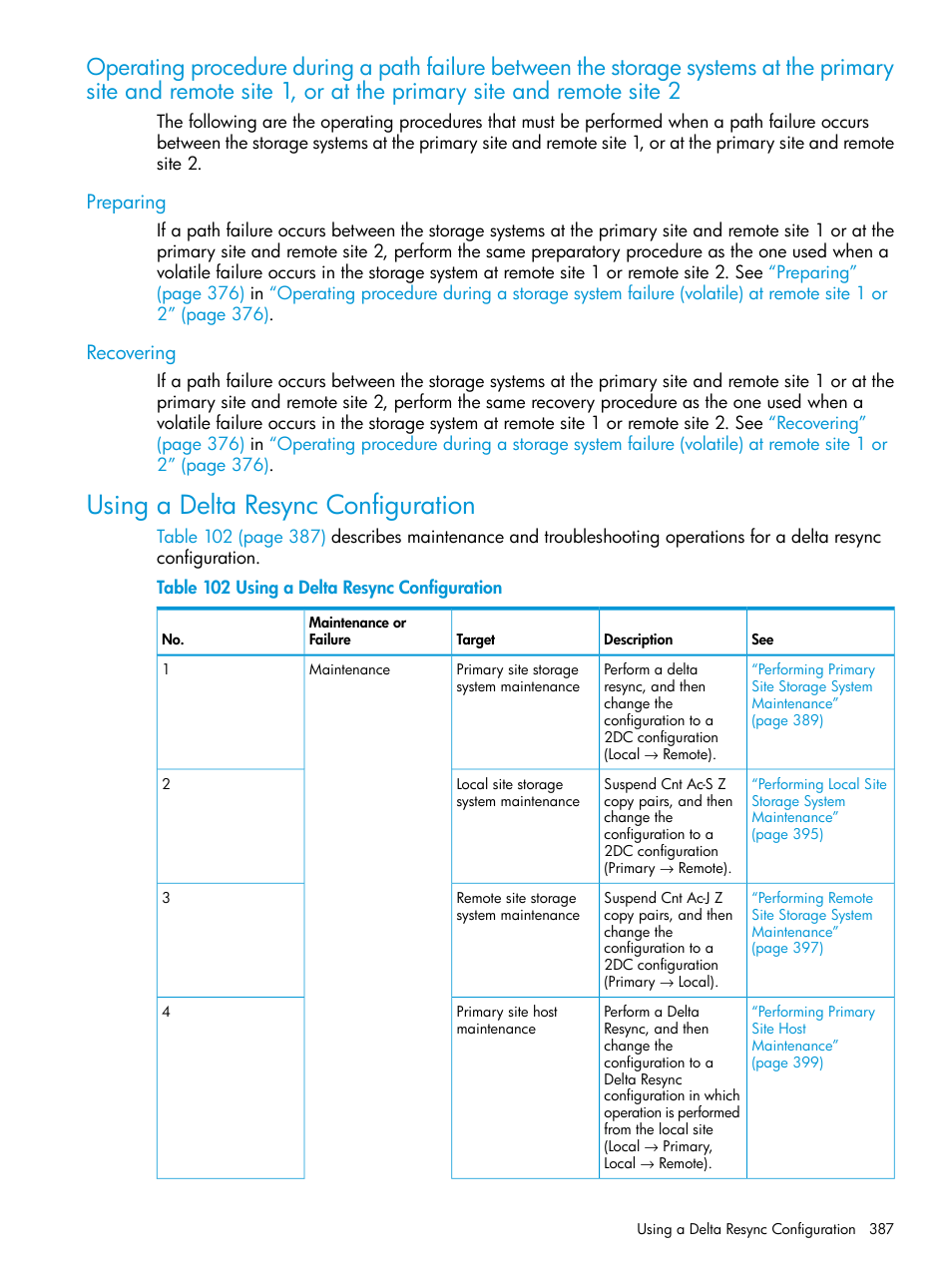 Preparing, Recovering, Using a delta resync configuration | Preparing recovering, Operating procedure, During a path | HP XP P9500 Storage User Manual | Page 387 / 701