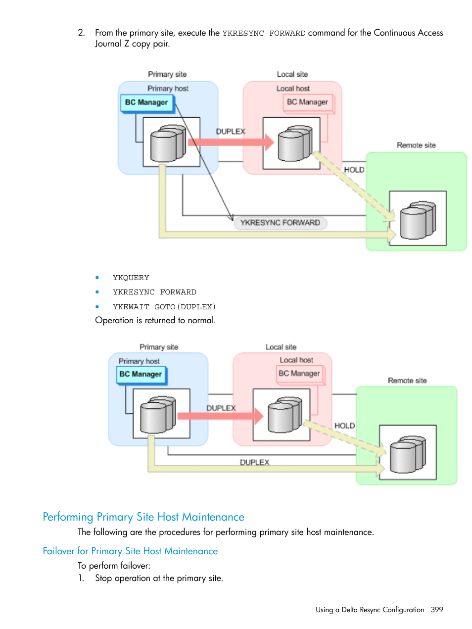 Performing primary site host maintenance, Failover for primary site host maintenance, Performing primary site host | HP XP P9500 Storage User Manual | Page 399 / 701