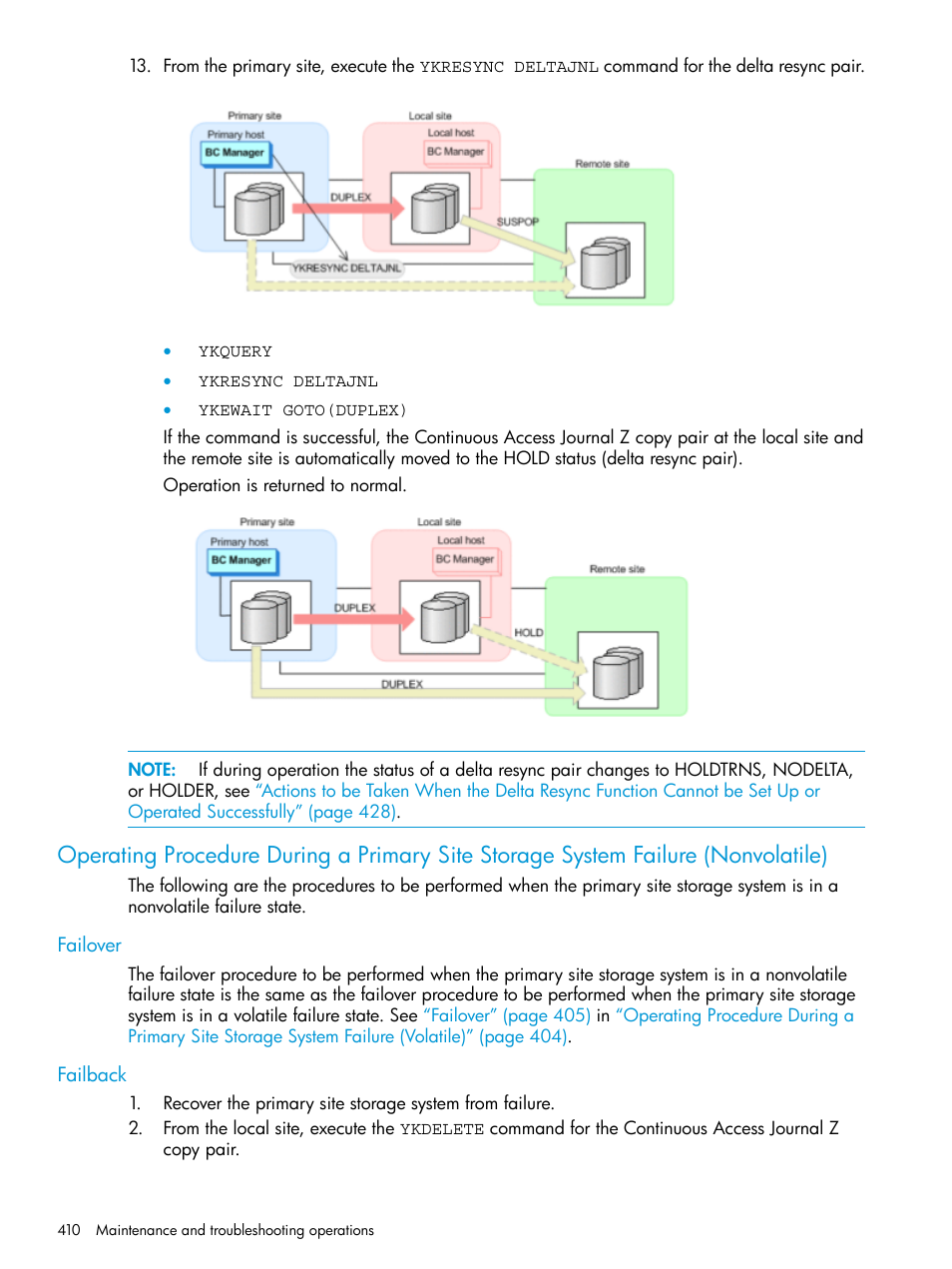 Failover, Failback, Failover failback | Operating procedure during a primary site, Storage system failure | HP XP P9500 Storage User Manual | Page 410 / 701