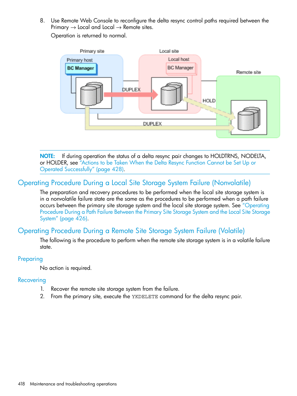 Preparing, Recovering, Preparing recovering | Operating procedure during a local site, Storage system failure, Operating procedure during a remote site | HP XP P9500 Storage User Manual | Page 418 / 701