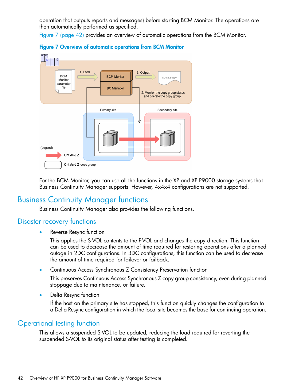 Business continuity manager functions, Disaster recovery functions, Operational testing function | HP XP P9500 Storage User Manual | Page 42 / 701