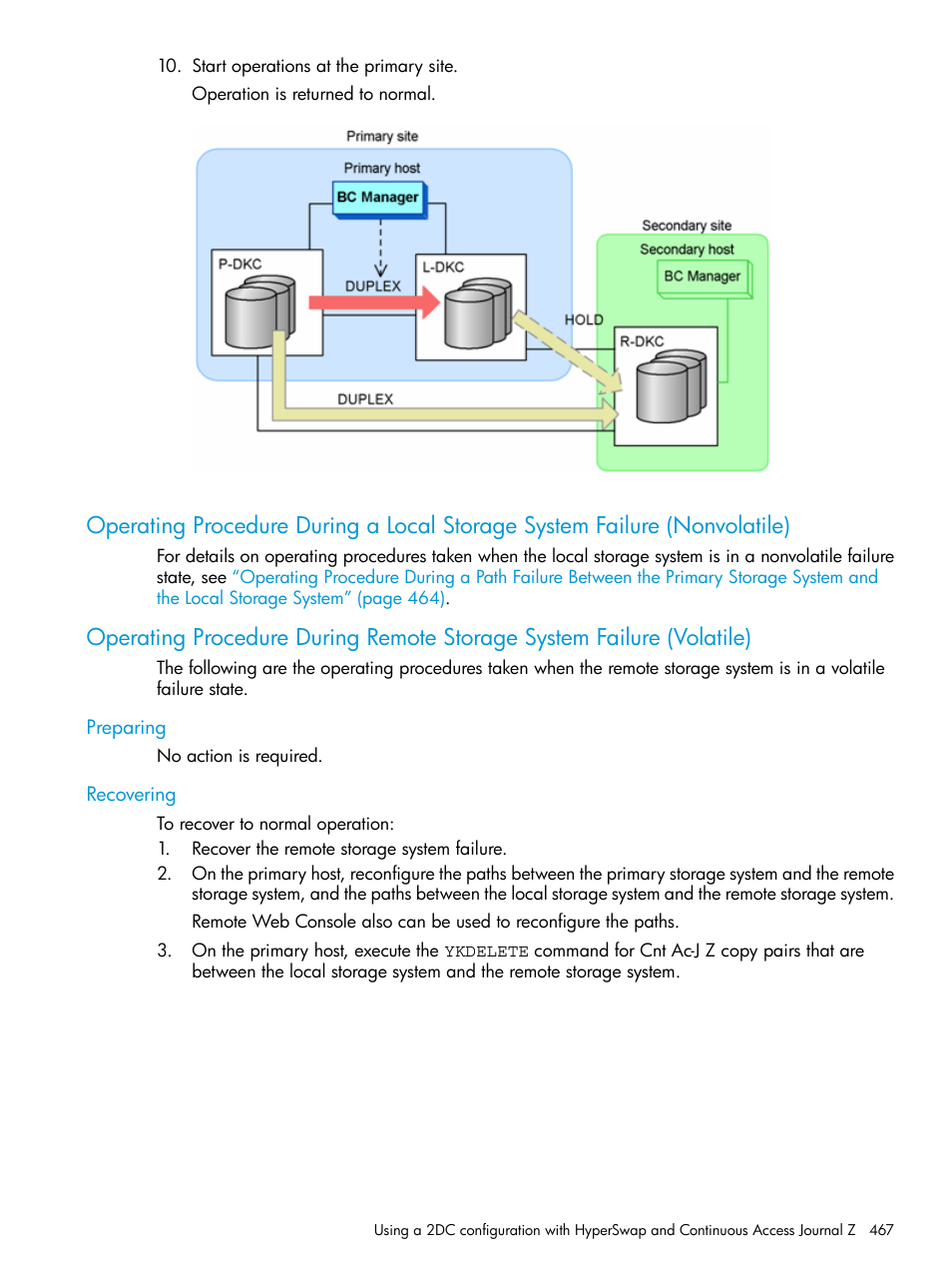 Preparing, Recovering, Preparing recovering | Operating procedure during a local, Storage system failure, Operating procedure during remote | HP XP P9500 Storage User Manual | Page 467 / 701