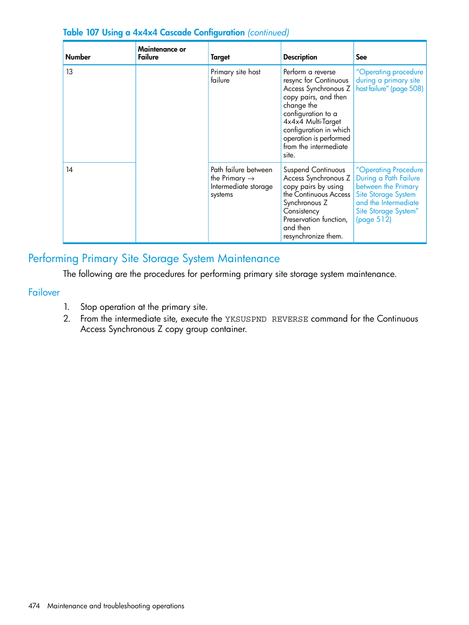 Performing primary site storage system maintenance, Failover, Performing primary site storage system | HP XP P9500 Storage User Manual | Page 474 / 701