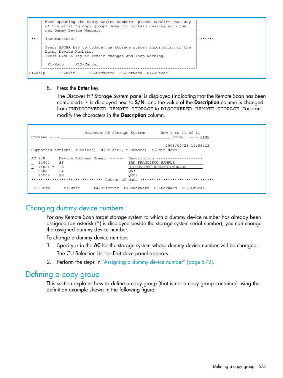 Changing dummy device numbers, Defining a copy group | HP XP P9500 Storage User Manual | Page 575 / 701