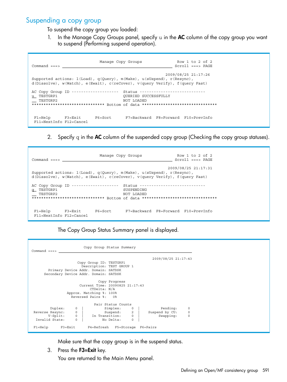 Suspending a copy group | HP XP P9500 Storage User Manual | Page 591 / 701