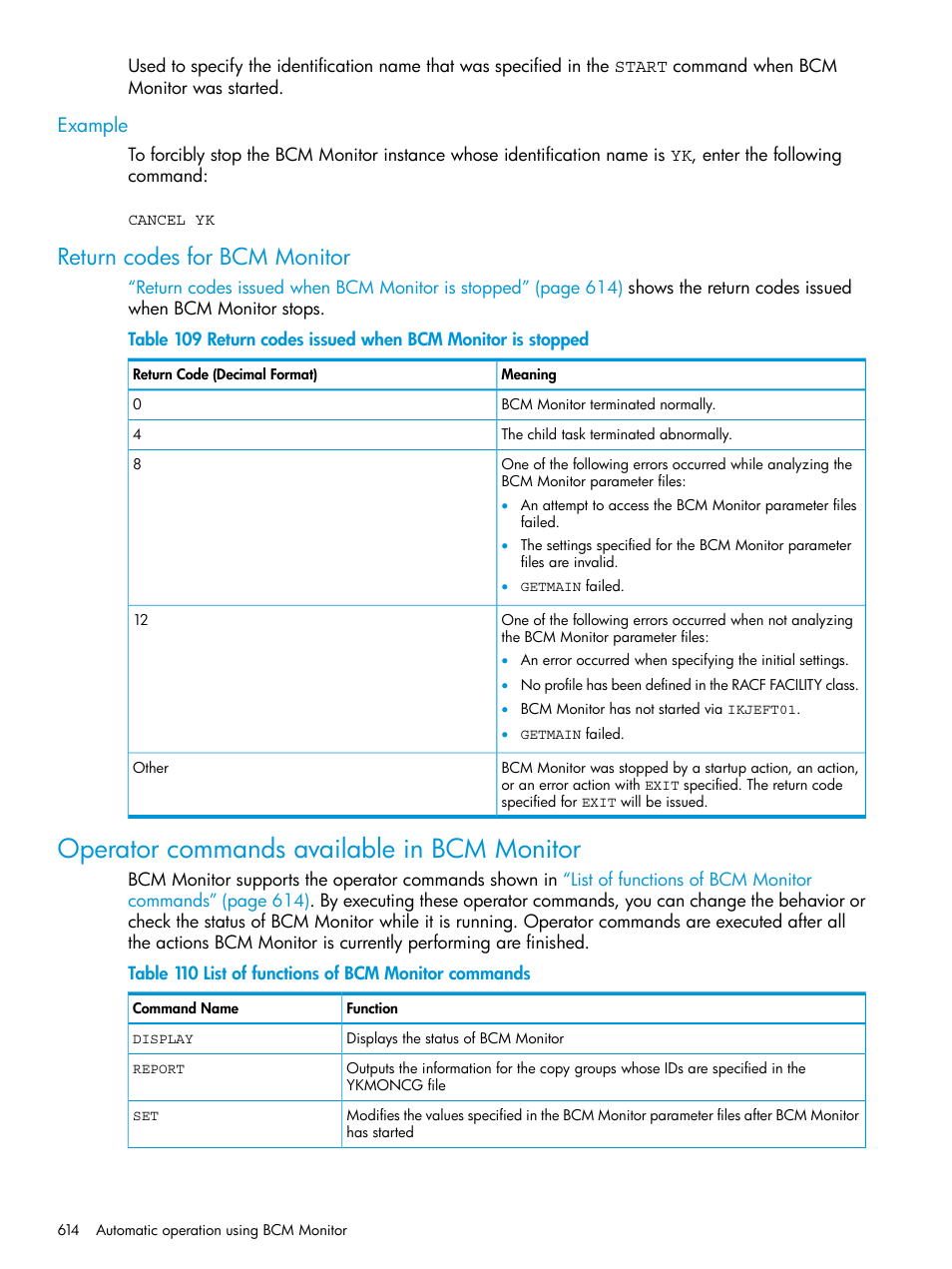 Example, Return codes for bcm monitor, Operator commands available in bcm monitor | HP XP P9500 Storage User Manual | Page 614 / 701