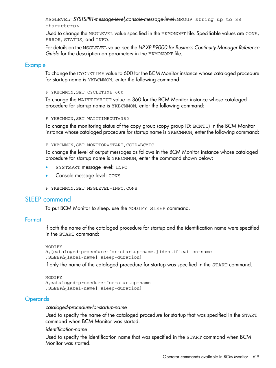 Example, Sleep command, Format | Operands, Format operands | HP XP P9500 Storage User Manual | Page 619 / 701