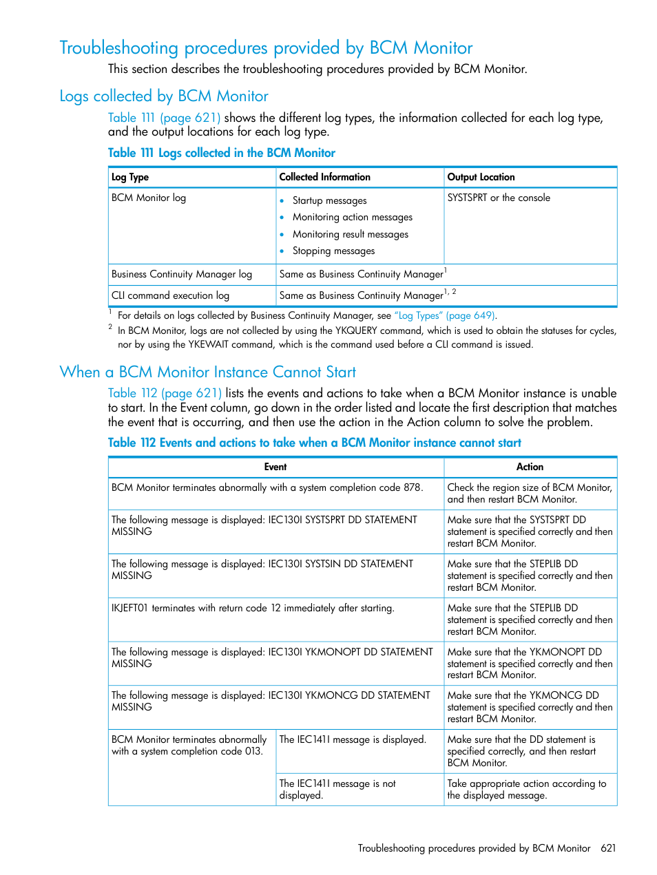 Troubleshooting procedures provided by bcm monitor, Logs collected by bcm monitor, When a bcm monitor instance cannot start | HP XP P9500 Storage User Manual | Page 621 / 701