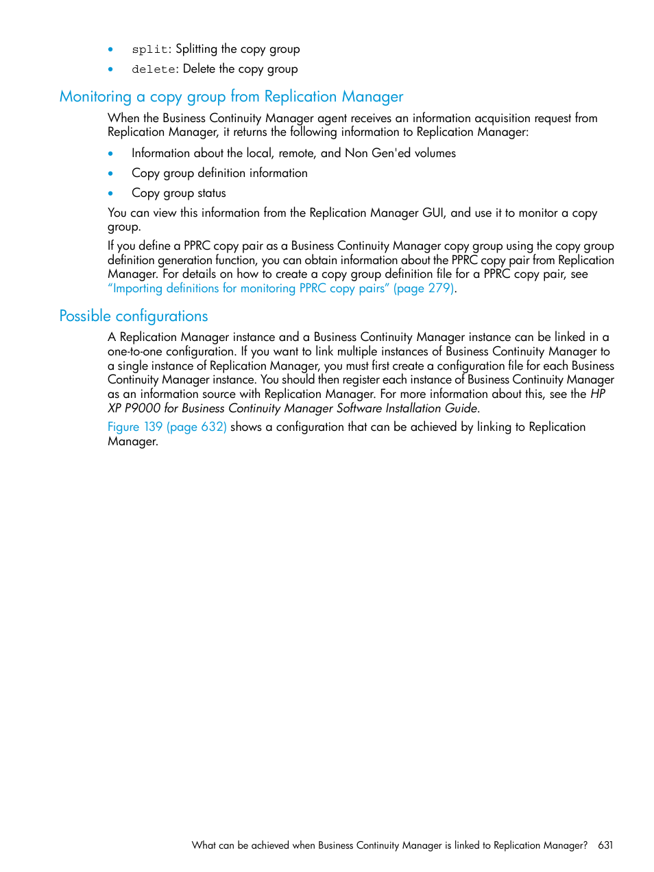 Monitoring a copy group from replication manager, Possible configurations | HP XP P9500 Storage User Manual | Page 631 / 701