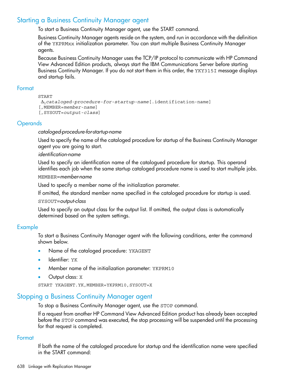 Starting a business continuity manager agent, Format, Operands | Example, Stopping a business continuity manager agent, Format operands example | HP XP P9500 Storage User Manual | Page 638 / 701