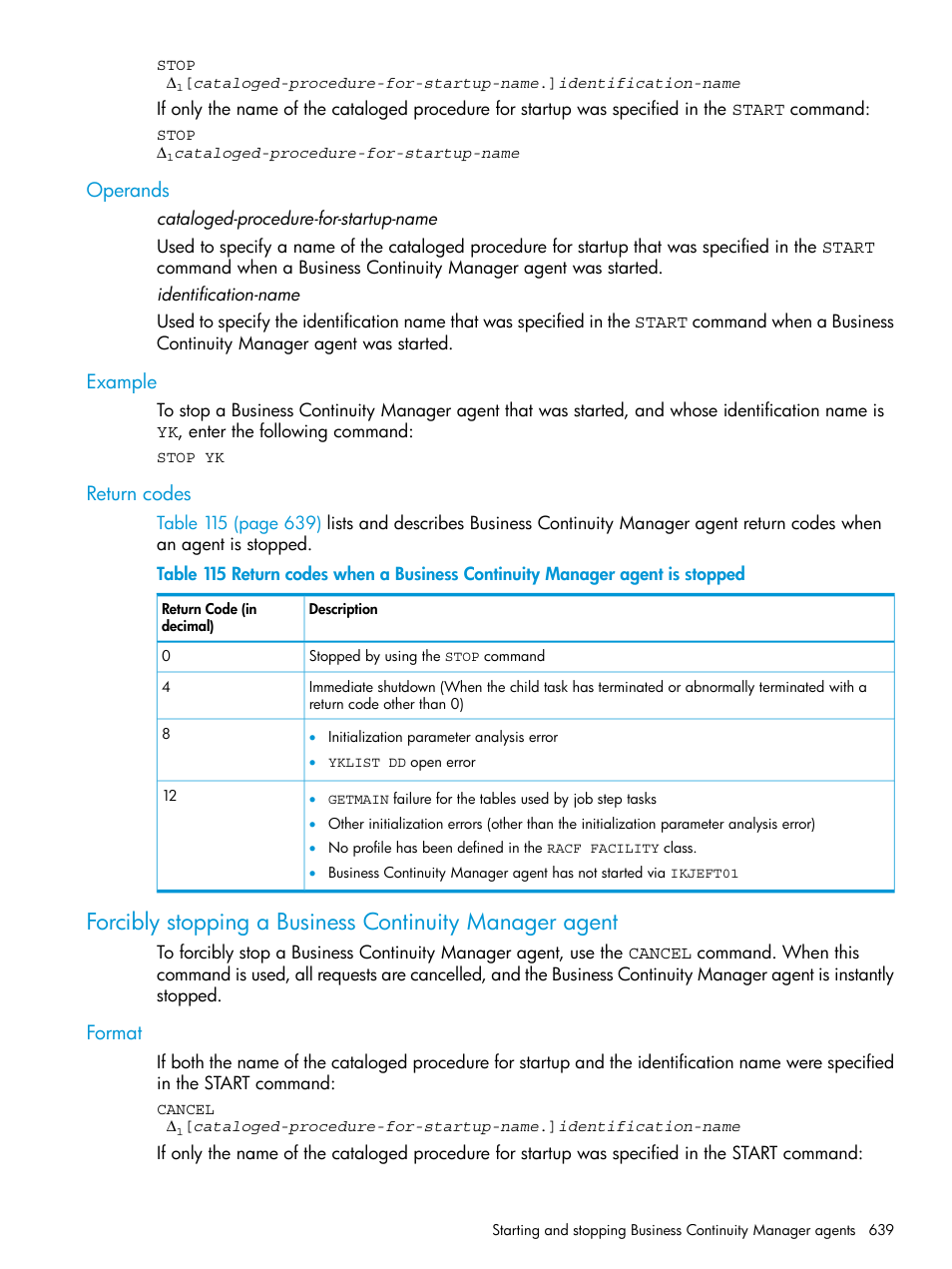 Operands, Example, Return codes | Format, Operands example return codes | HP XP P9500 Storage User Manual | Page 639 / 701