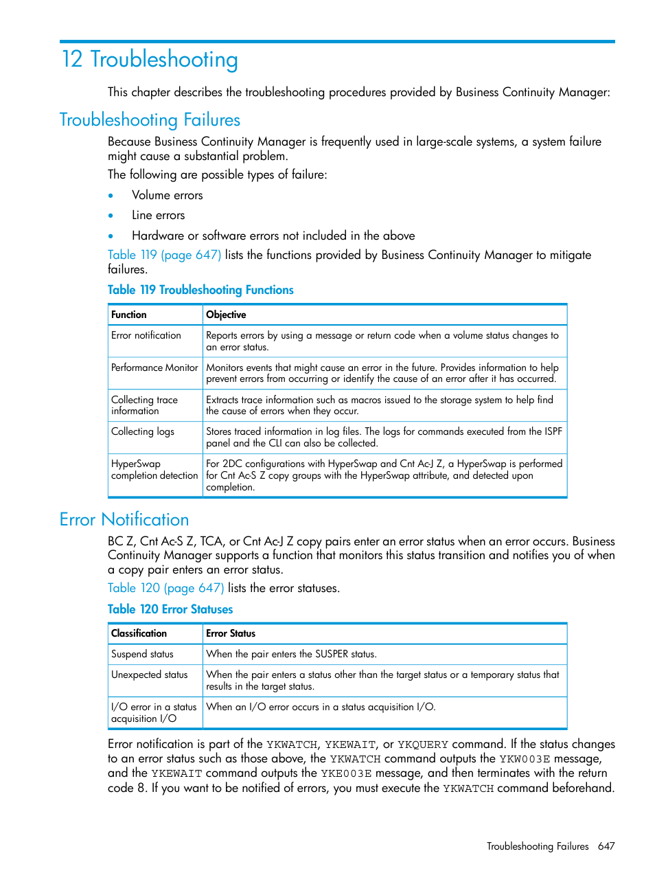 12 troubleshooting, Troubleshooting failures, Error notification | Troubleshooting failures error notification | HP XP P9500 Storage User Manual | Page 647 / 701