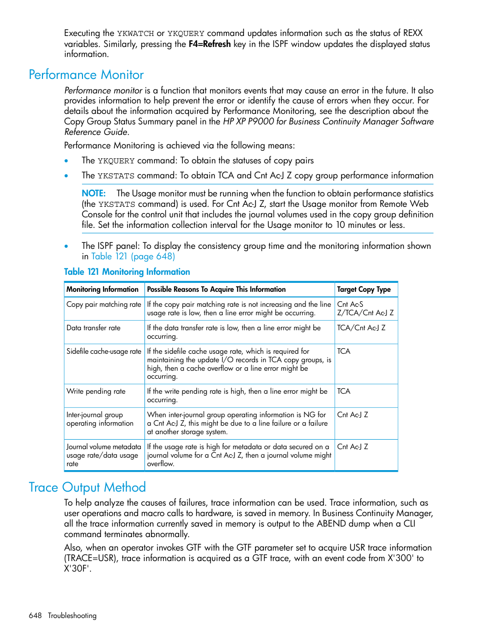 Performance monitor, Trace output method, Performance monitor trace output method | HP XP P9500 Storage User Manual | Page 648 / 701