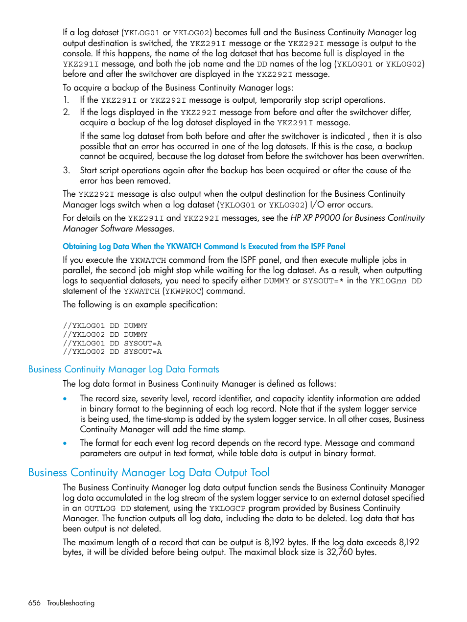 Business continuity manager log data formats, Business continuity manager log data output tool, Business continuity | HP XP P9500 Storage User Manual | Page 656 / 701