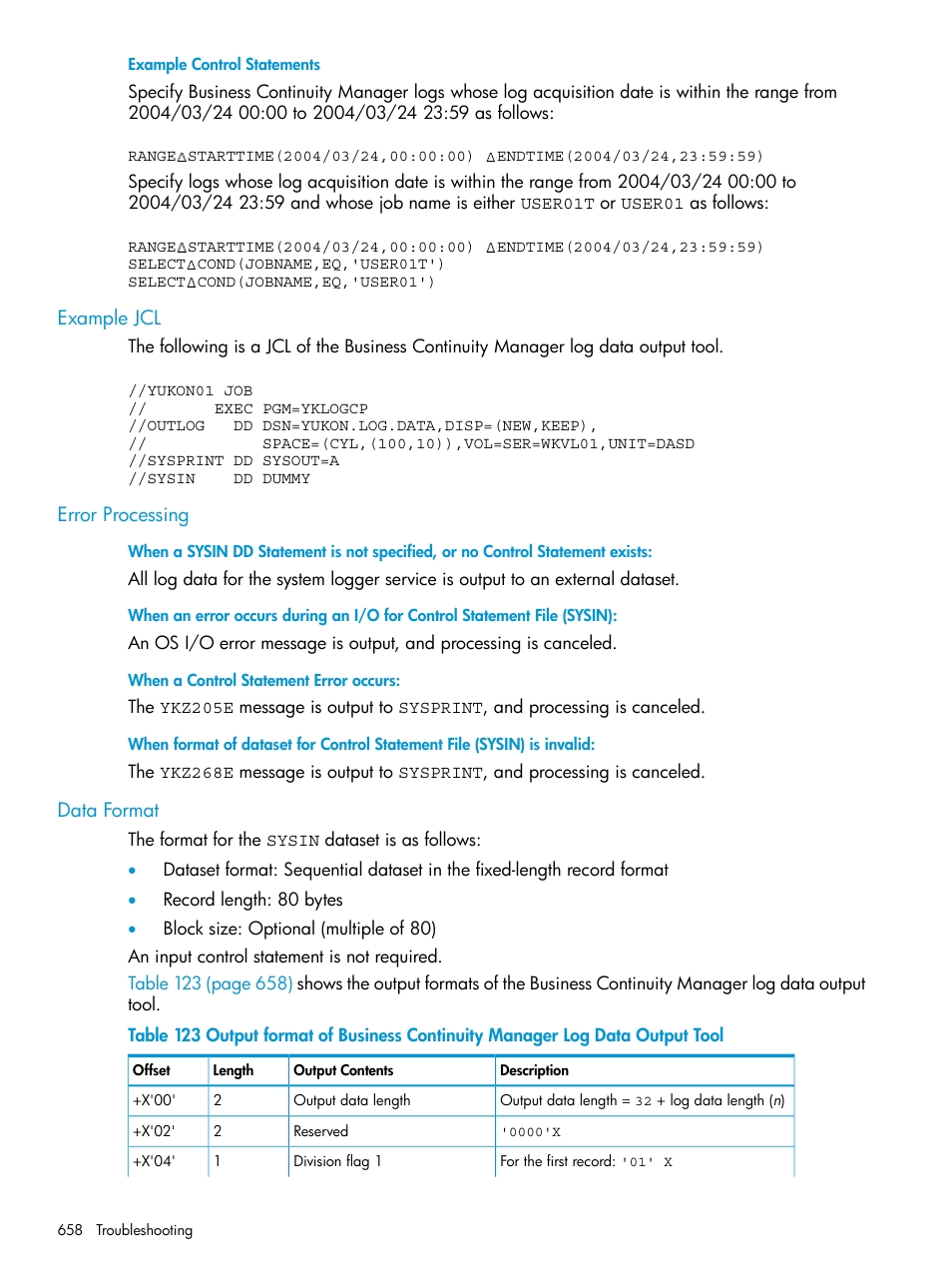 Example jcl, Error processing, Data format | Example jcl error processing data format | HP XP P9500 Storage User Manual | Page 658 / 701