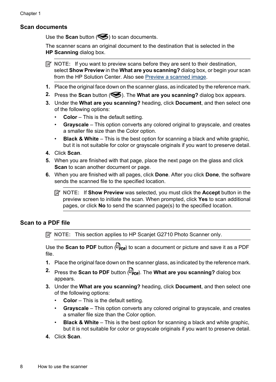 Scan documents, Scan to a pdf file | HP Scanjet G2410 Flatbed Scanner User Manual | Page 10 / 30