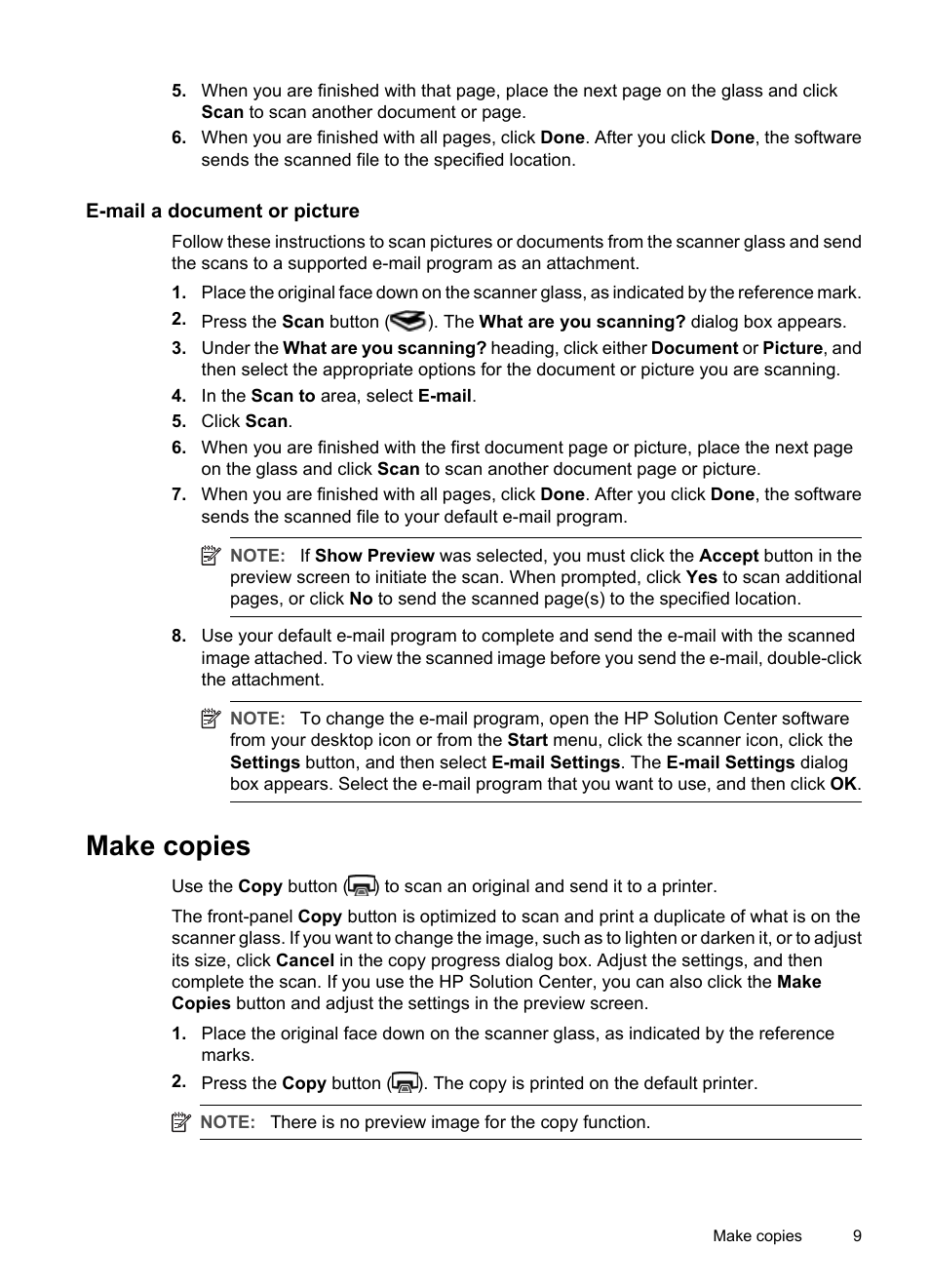 E-mail a document or picture, Make copies | HP Scanjet G2410 Flatbed Scanner User Manual | Page 11 / 30