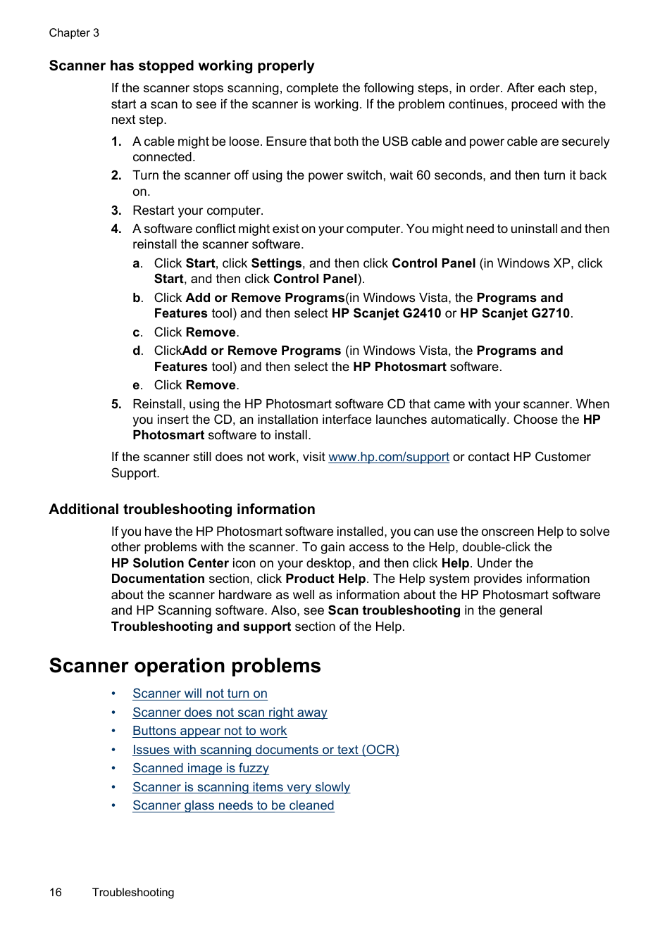 Scanner has stopped working properly, Additional troubleshooting information, Scanner operation problems | HP Scanjet G2410 Flatbed Scanner User Manual | Page 18 / 30