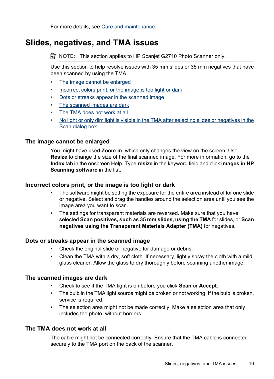 Slides, negatives, and tma issues, The image cannot be enlarged, Dots or streaks appear in the scanned image | The scanned images are dark, The tma does not work at all | HP Scanjet G2410 Flatbed Scanner User Manual | Page 21 / 30