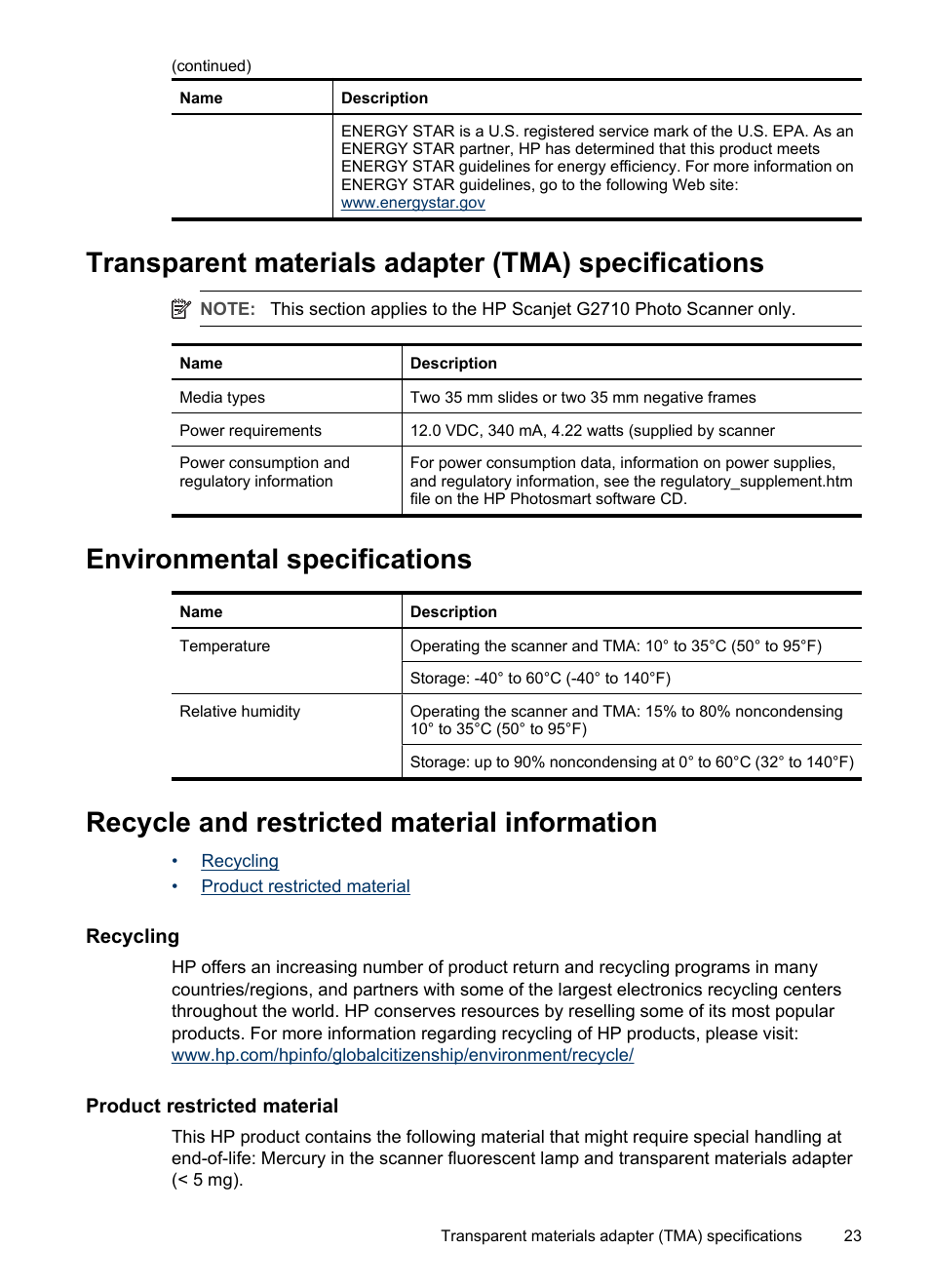 Transparent materials adapter (tma) specifications, Environmental specifications, Recycle and restricted material information | Recycling, Product restricted material, Recycling product restricted material | HP Scanjet G2410 Flatbed Scanner User Manual | Page 25 / 30
