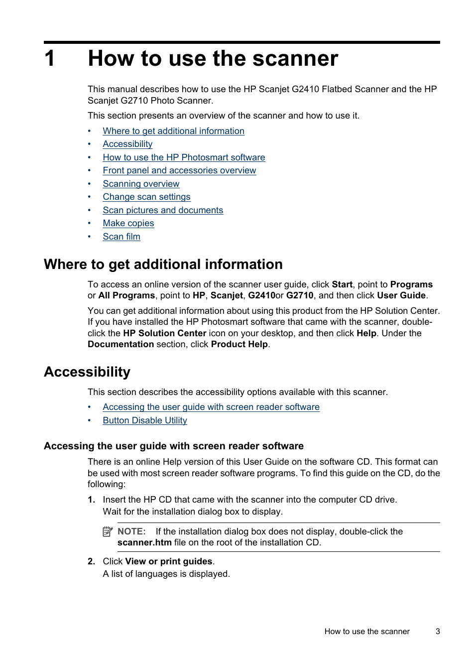 How to use the scanner, Where to get additional information, Accessibility | 1 how to use the scanner, Where to get additional information accessibility, 1how to use the scanner | HP Scanjet G2410 Flatbed Scanner User Manual | Page 5 / 30