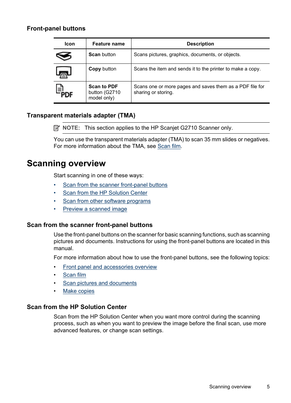Front-panel buttons, Transparent materials adapter (tma), Scanning overview | Scan from the scanner front-panel buttons, Scan from the hp solution center | HP Scanjet G2410 Flatbed Scanner User Manual | Page 7 / 30