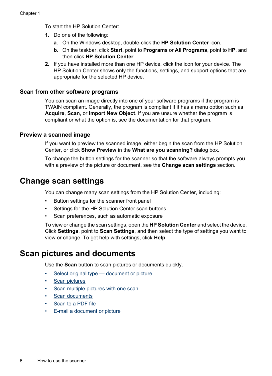 Scan from other software programs, Preview a scanned image, Change scan settings | Scan pictures and documents, Change scan settings scan pictures and documents | HP Scanjet G2410 Flatbed Scanner User Manual | Page 8 / 30