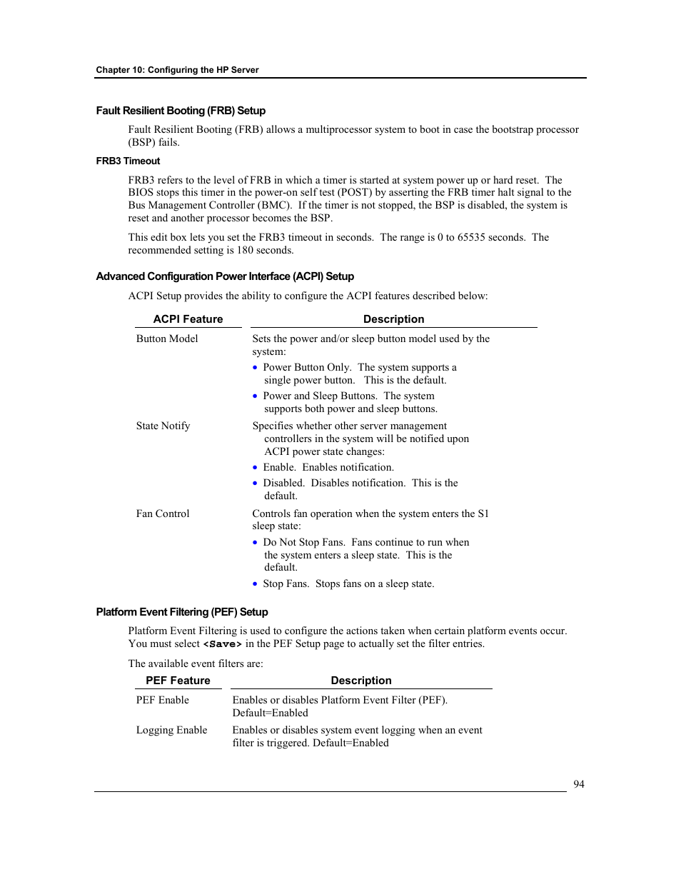 Fault resilient booting (frb) setup, Frb3 timeout, Platform event filtering (pef) setup | HP Integrity rx4610 Server User Manual | Page 101 / 201