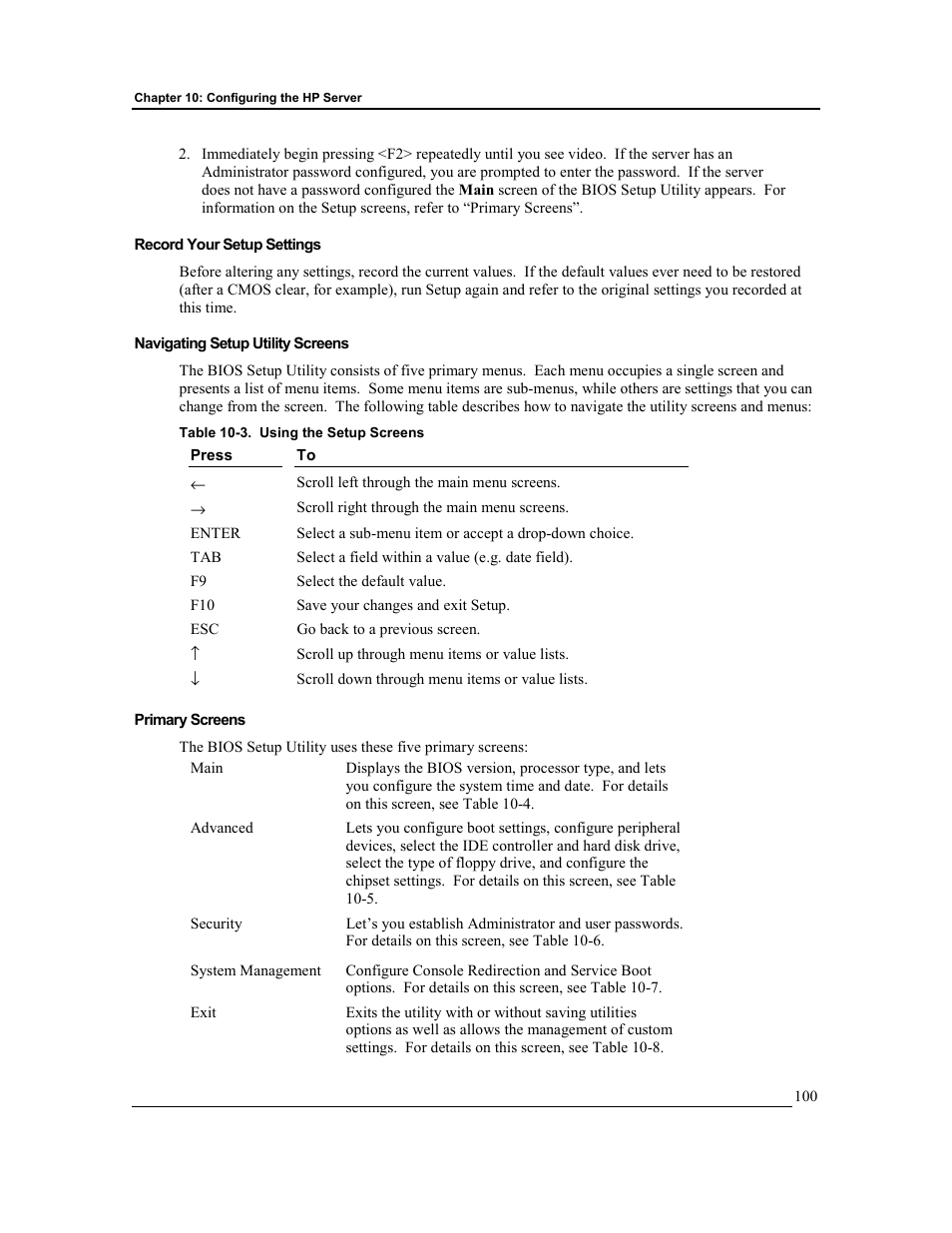 Record your setup settings, Navigating setup utility screens, Primary screens | HP Integrity rx4610 Server User Manual | Page 107 / 201