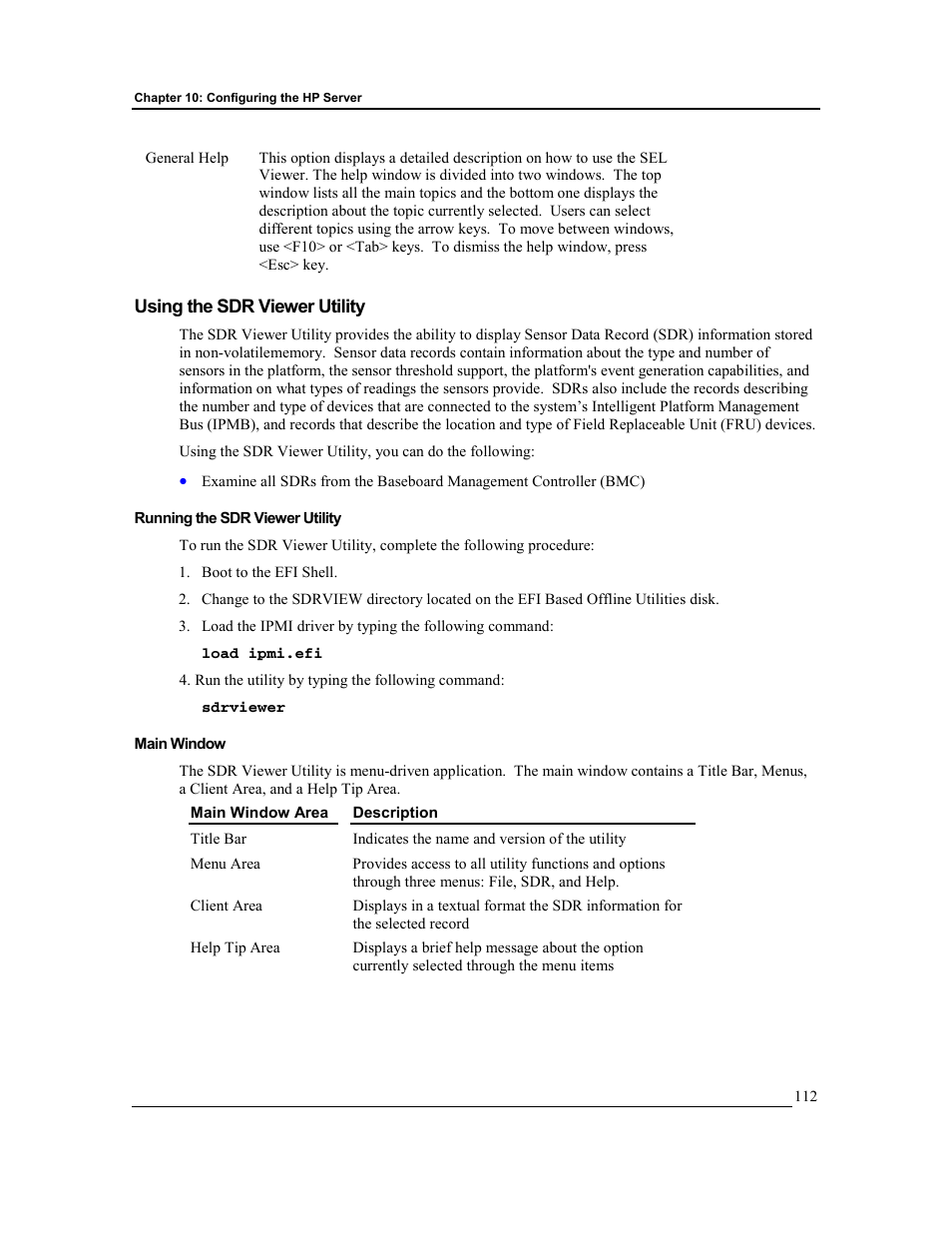 Using the sdr viewer utility, Running the sdr viewer utility, Main window | HP Integrity rx4610 Server User Manual | Page 119 / 201