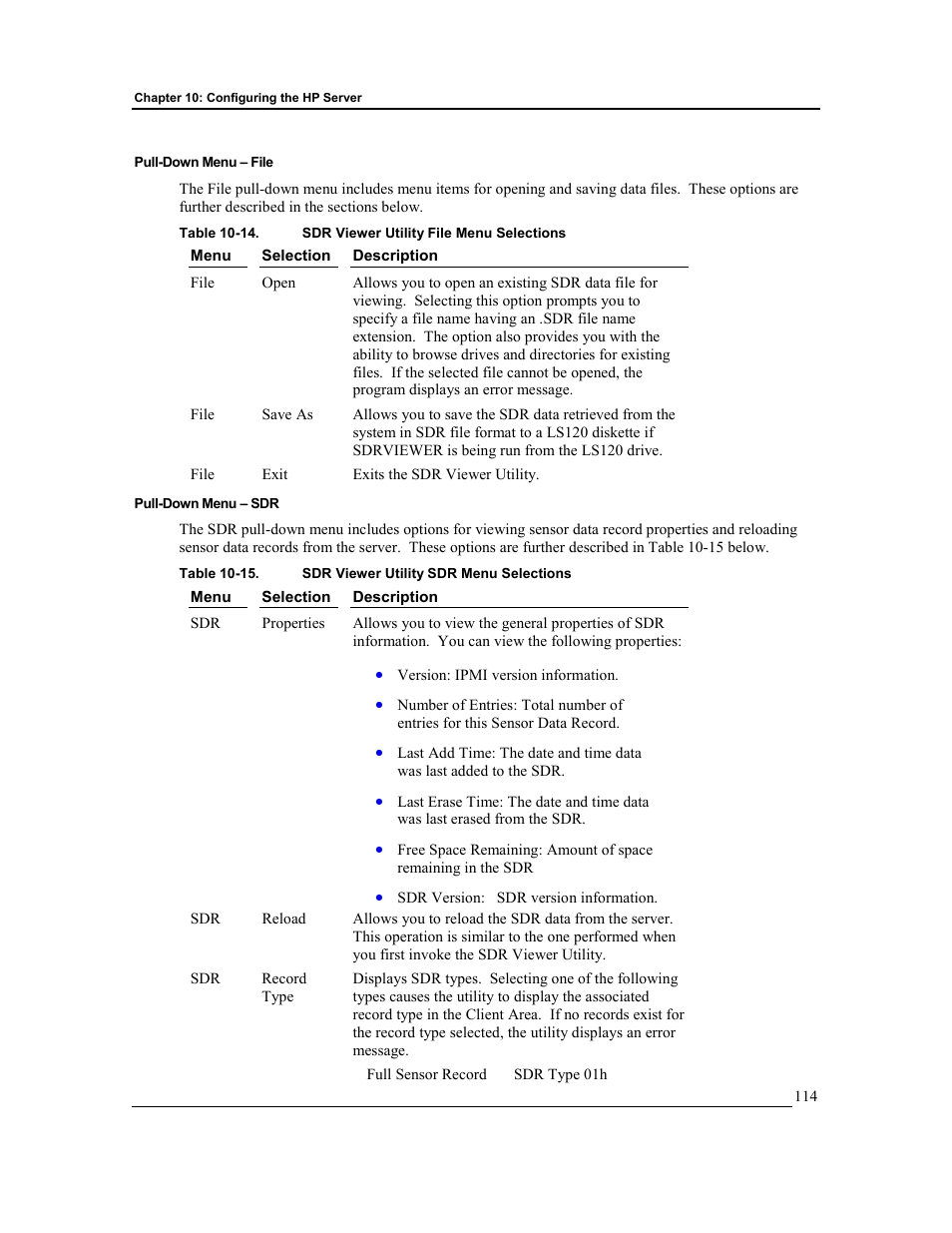 Pull-down menu – file, Pull-down menu – sdr | HP Integrity rx4610 Server User Manual | Page 121 / 201