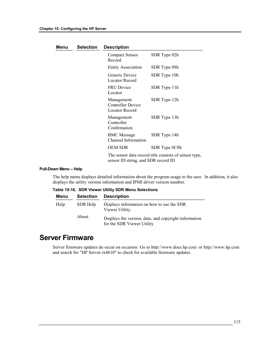 Pull-down menu – help, Server firmware | HP Integrity rx4610 Server User Manual | Page 122 / 201