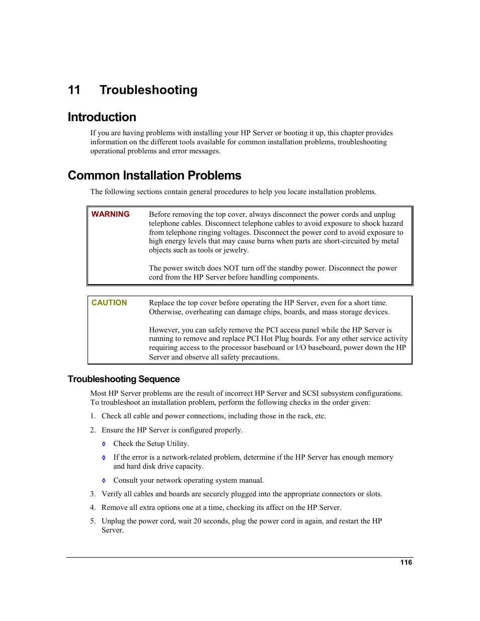 11 troubleshooting, Introduction, Common installation problems | Troubleshooting sequence, Troubleshooting, 11 troubleshooting introduction | HP Integrity rx4610 Server User Manual | Page 123 / 201