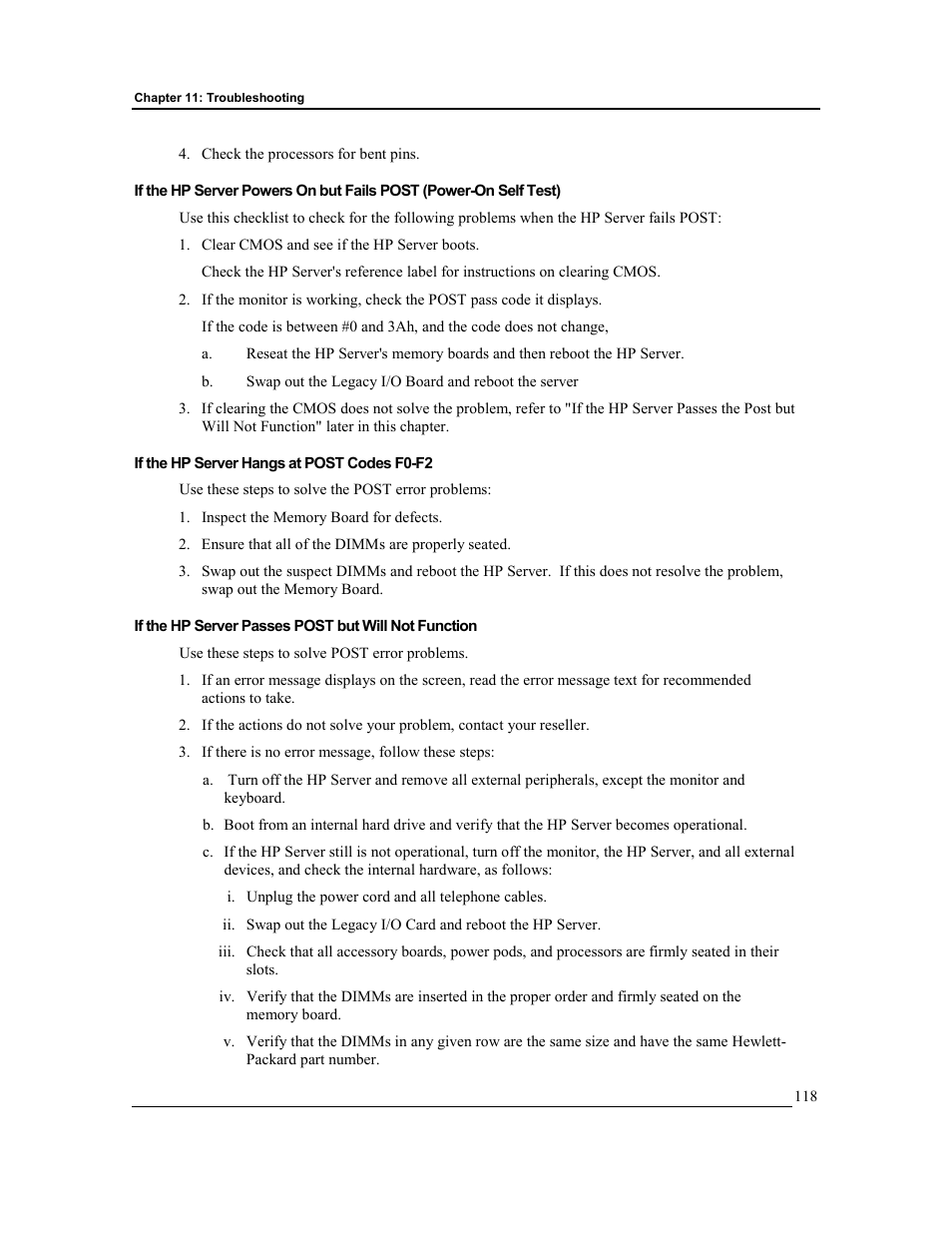 If the hp server hangs at post codes f0-f2, If the hp server passes post but will not function | HP Integrity rx4610 Server User Manual | Page 125 / 201