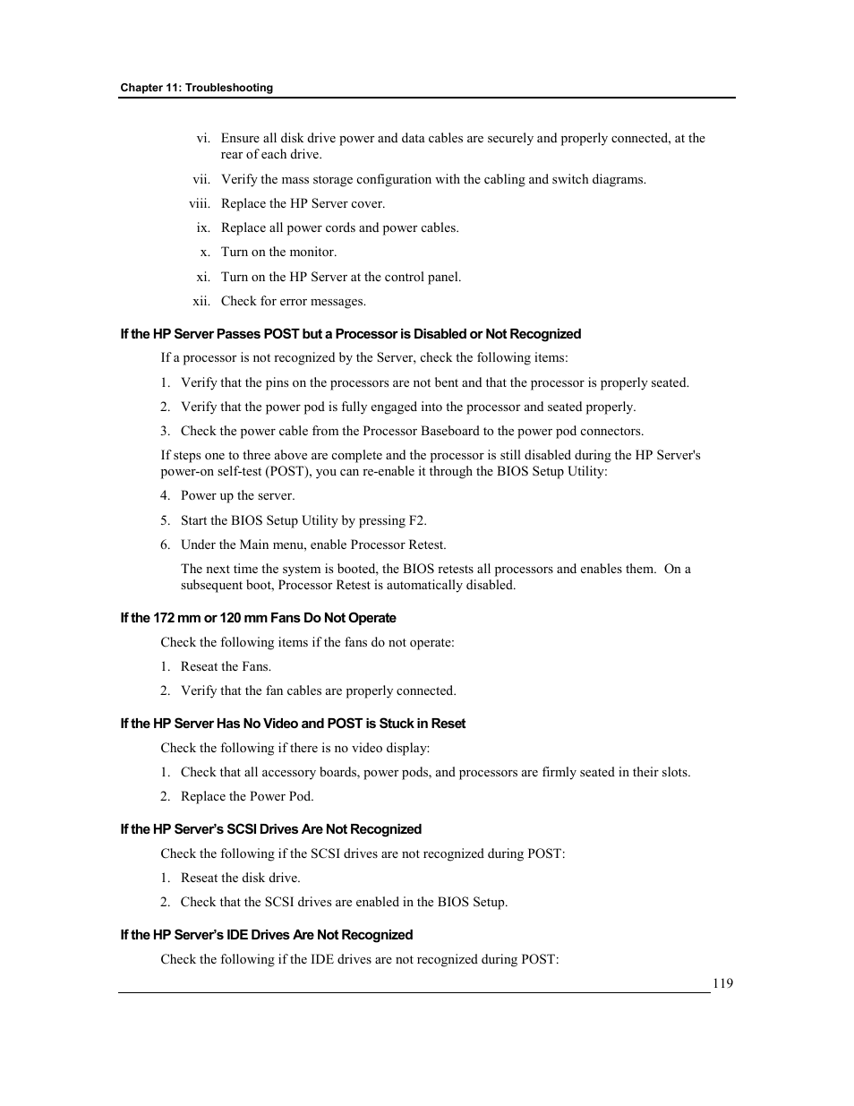 If the 172 mm or 120 mm fans do not operate, If the hp server’s scsi drives are not recognized, If the hp server’s ide drives are not recognized | HP Integrity rx4610 Server User Manual | Page 126 / 201