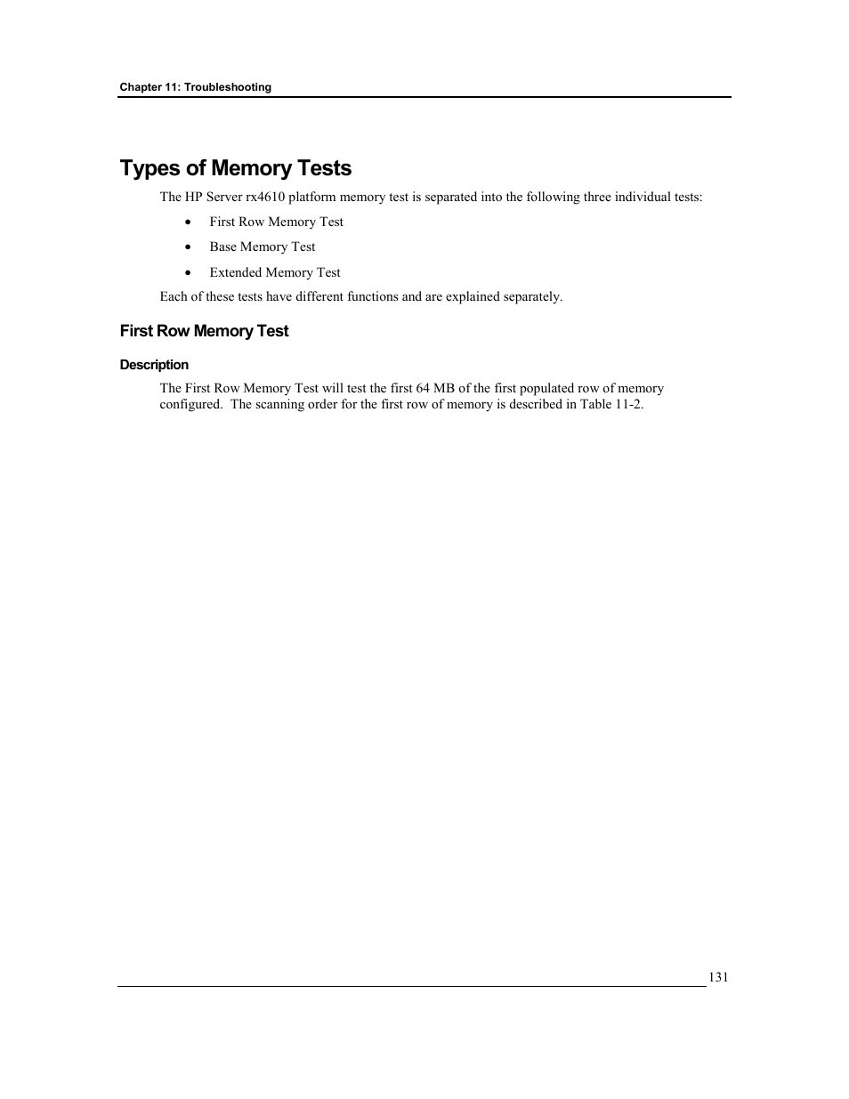 Types of memory tests, First row memory test, Description | HP Integrity rx4610 Server User Manual | Page 138 / 201