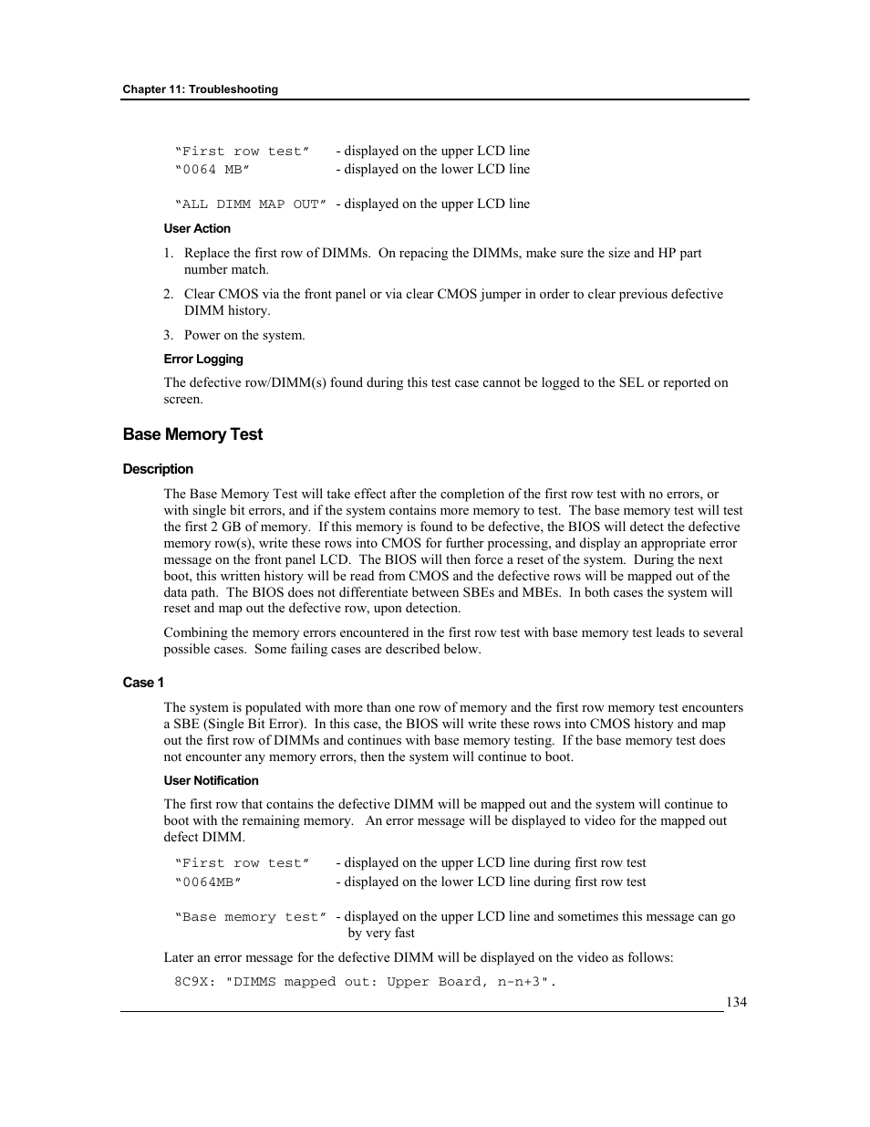 User action, Error logging, Base memory test | Description, Case 1, User notification | HP Integrity rx4610 Server User Manual | Page 141 / 201