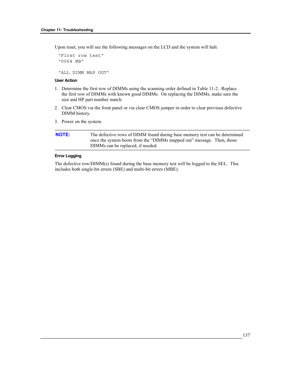 User action, Error logging | HP Integrity rx4610 Server User Manual | Page 144 / 201