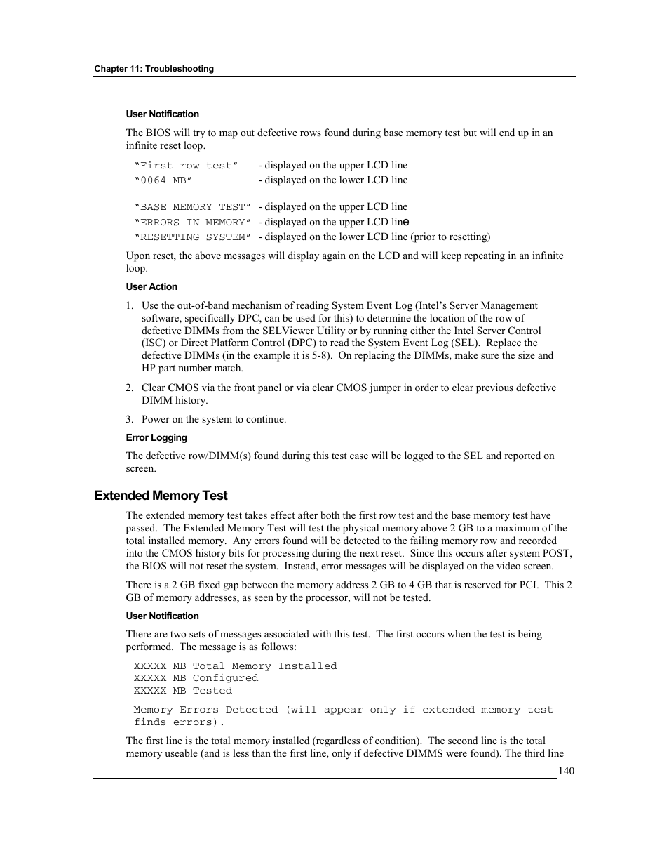 User notification, User action, Error logging | Extended memory test | HP Integrity rx4610 Server User Manual | Page 147 / 201