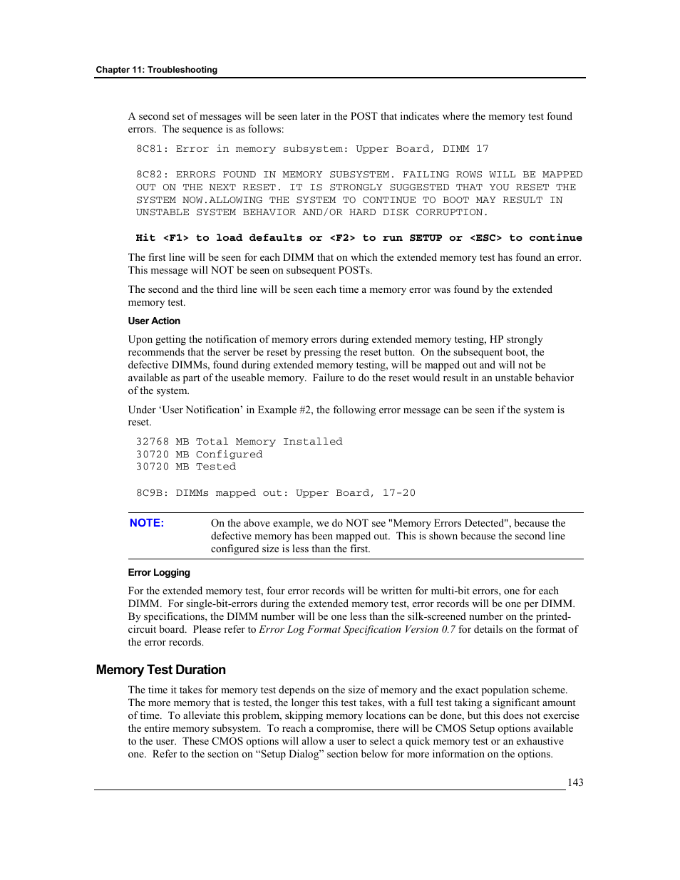 User action, Error logging, Memory test duration | HP Integrity rx4610 Server User Manual | Page 150 / 201