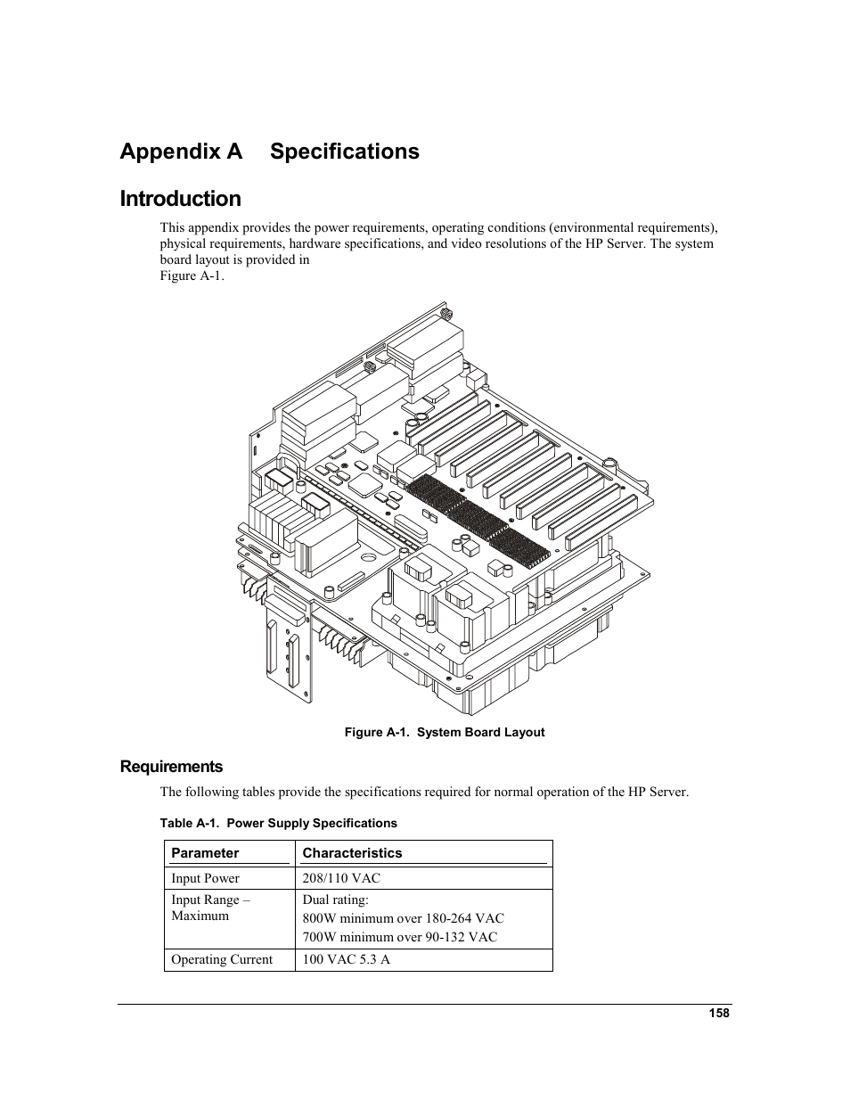 Appendix a specifications, Introduction, Requirements | Appendix a, Specifications, Appendix a specifications introduction | HP Integrity rx4610 Server User Manual | Page 165 / 201