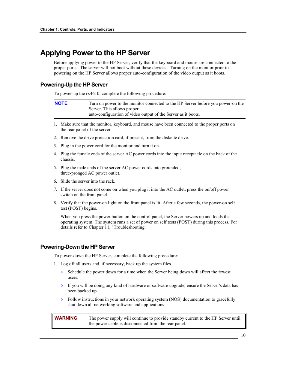 Applying power to the hp server, Powering-up the hp server, Powering-down the hp server | HP Integrity rx4610 Server User Manual | Page 17 / 201