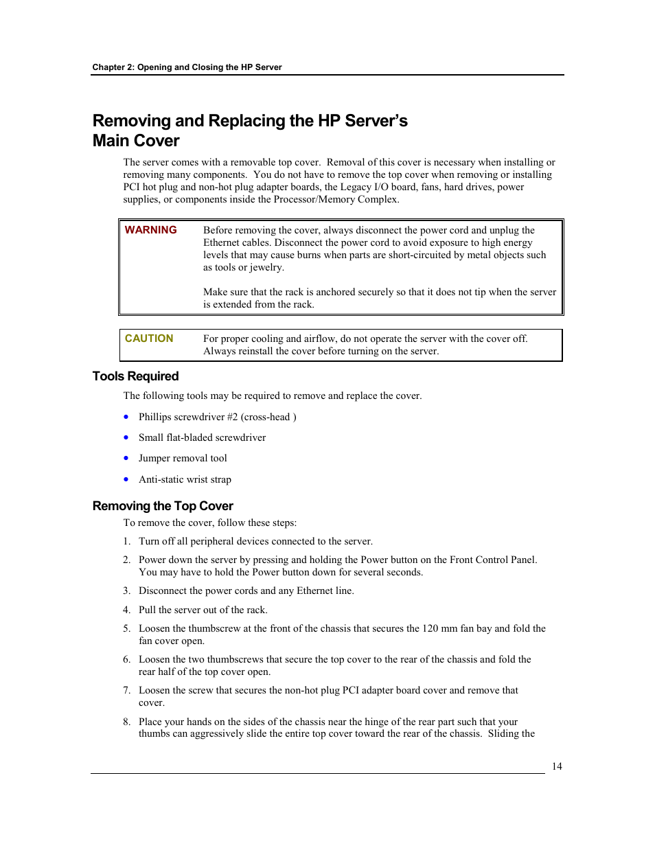 Removing and replacing the hp server’s main cover, Tools required, Removing the top cover | HP Integrity rx4610 Server User Manual | Page 21 / 201