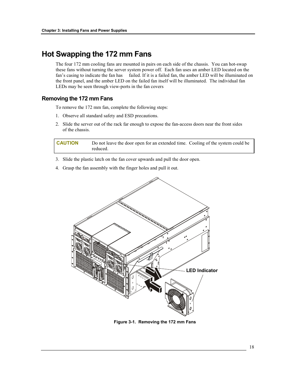 Hot swapping the 172 mm fans, Removing the 172 mm fans | HP Integrity rx4610 Server User Manual | Page 25 / 201