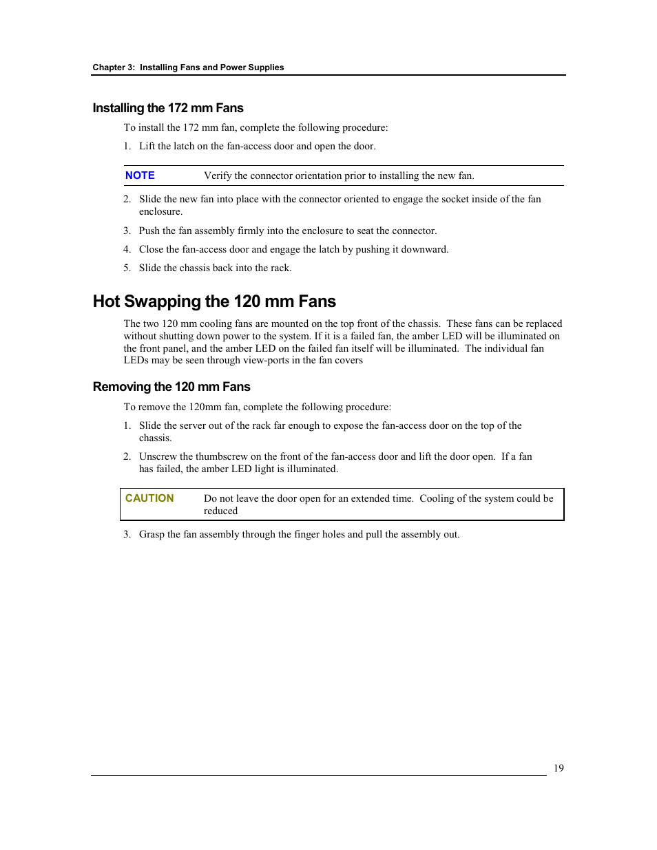 Installing the 172 mm fans, Hot swapping the 120 mm fans, Removing the 120 mm fans | HP Integrity rx4610 Server User Manual | Page 26 / 201
